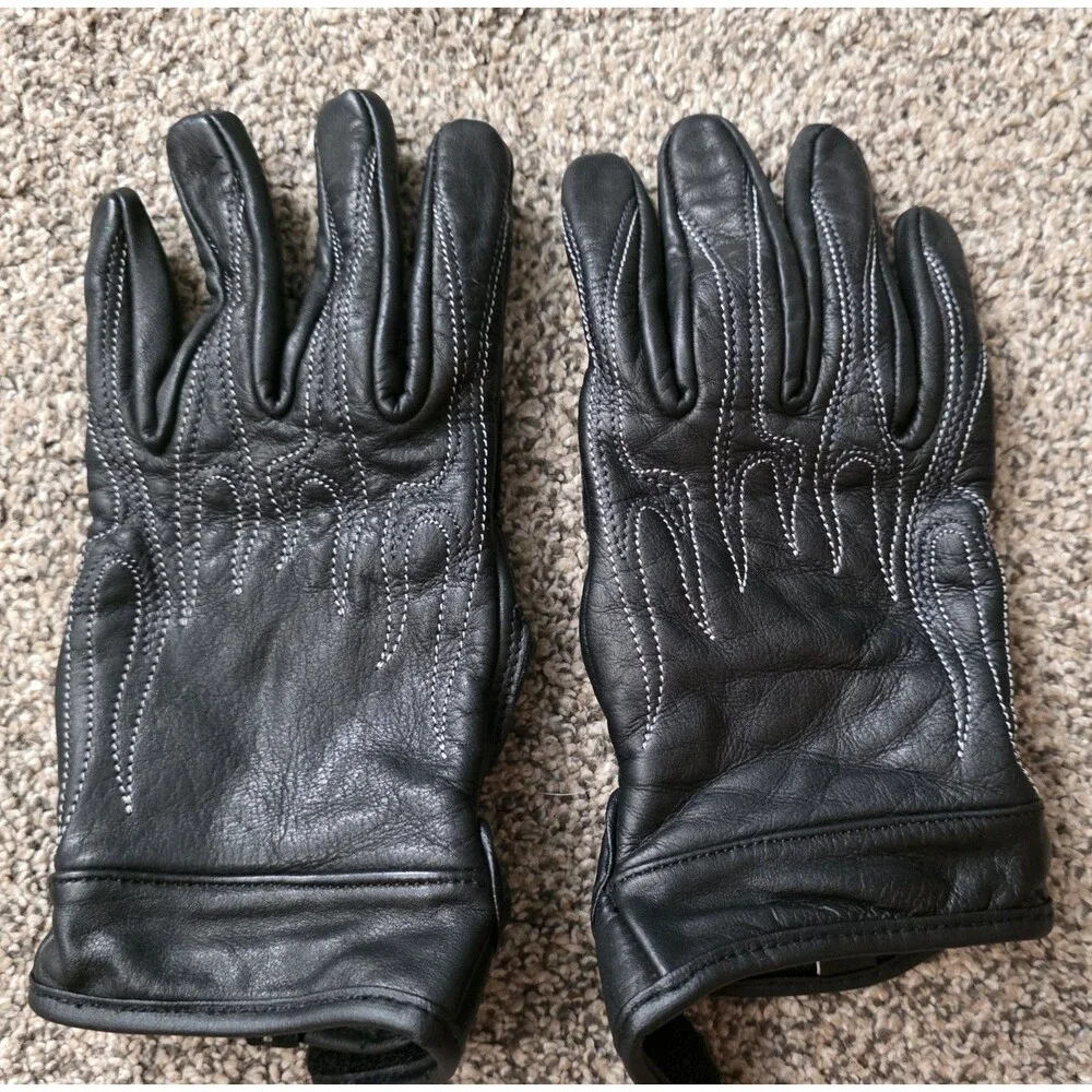 Womens Leather Black Motorcycle Riding Gloves Size Medium Flame Design